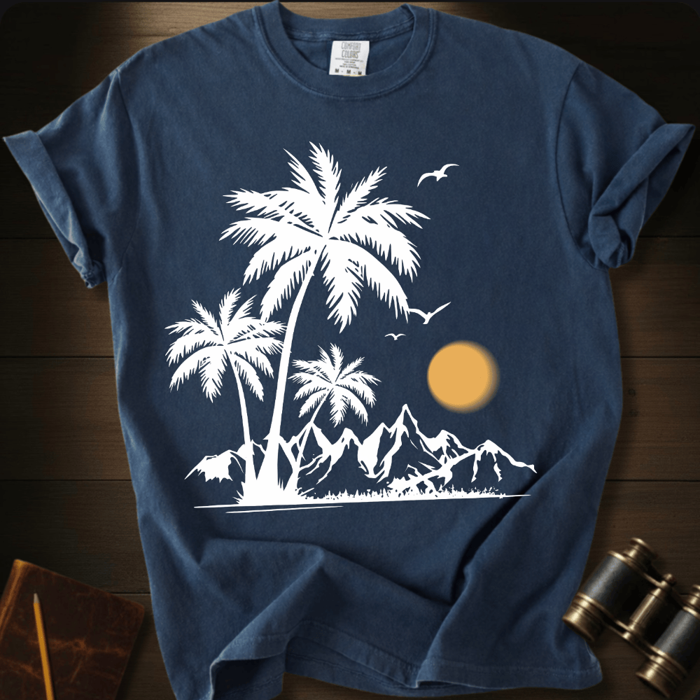 Full Sail Marine Sunfall Palms tropical palm trees and mountains silhouette graphic Comfort Colors t-shirt in true navy – white beach sunset scene with birds design – front view