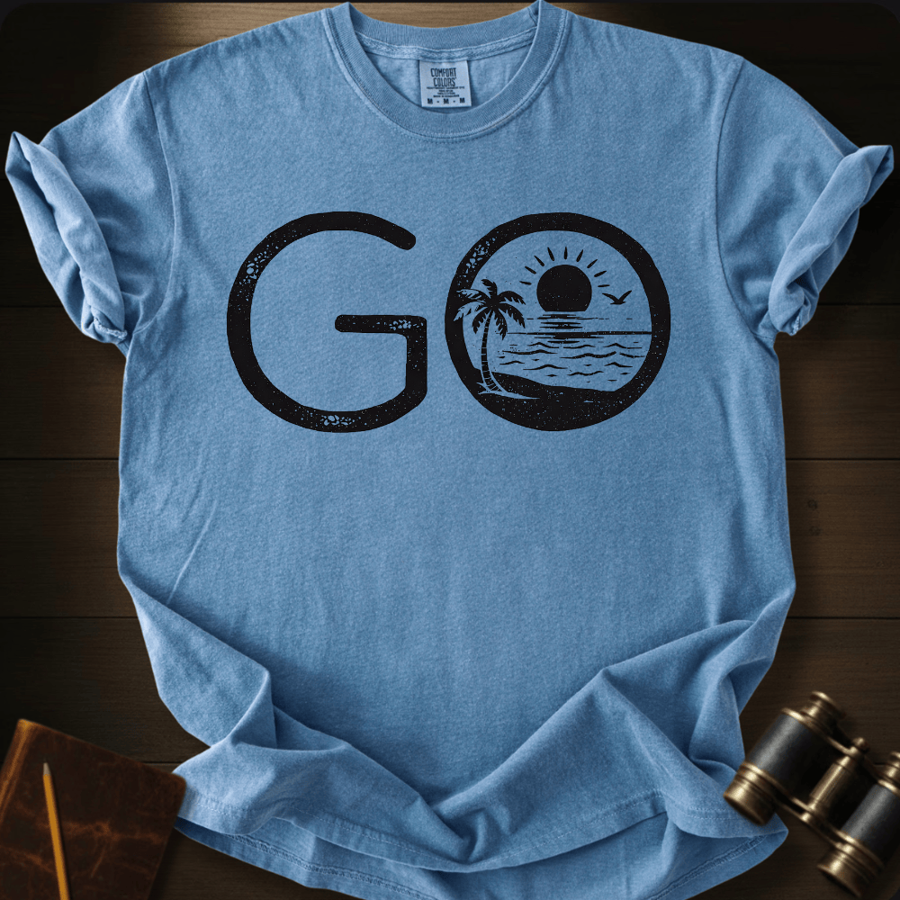 Full Sail Marine Go! tropical beach palm tree graphic Comfort Colors t-shirt in flo blue – GO text with sunset ocean scene – front view