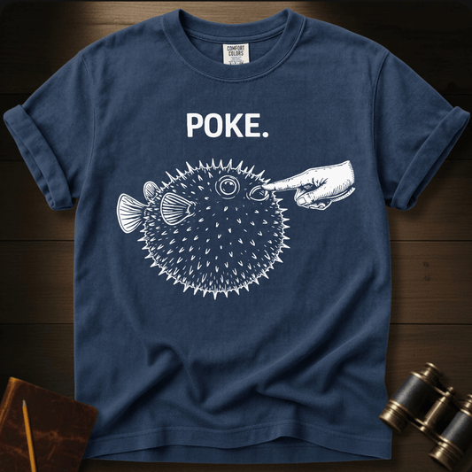 Full Sail Marine Poke pufferfish graphic Comfort Colors t-shirt in blue jean – white pufferfish being poked by hand with POKE text design – front view