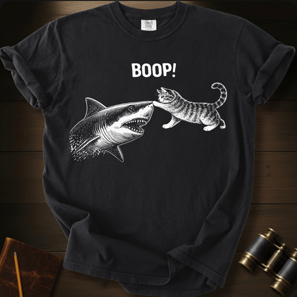 Full Sail Marine Cat Boop shark graphic Comfort Colors t-shirt in black – cat booping great white shark nose – front view