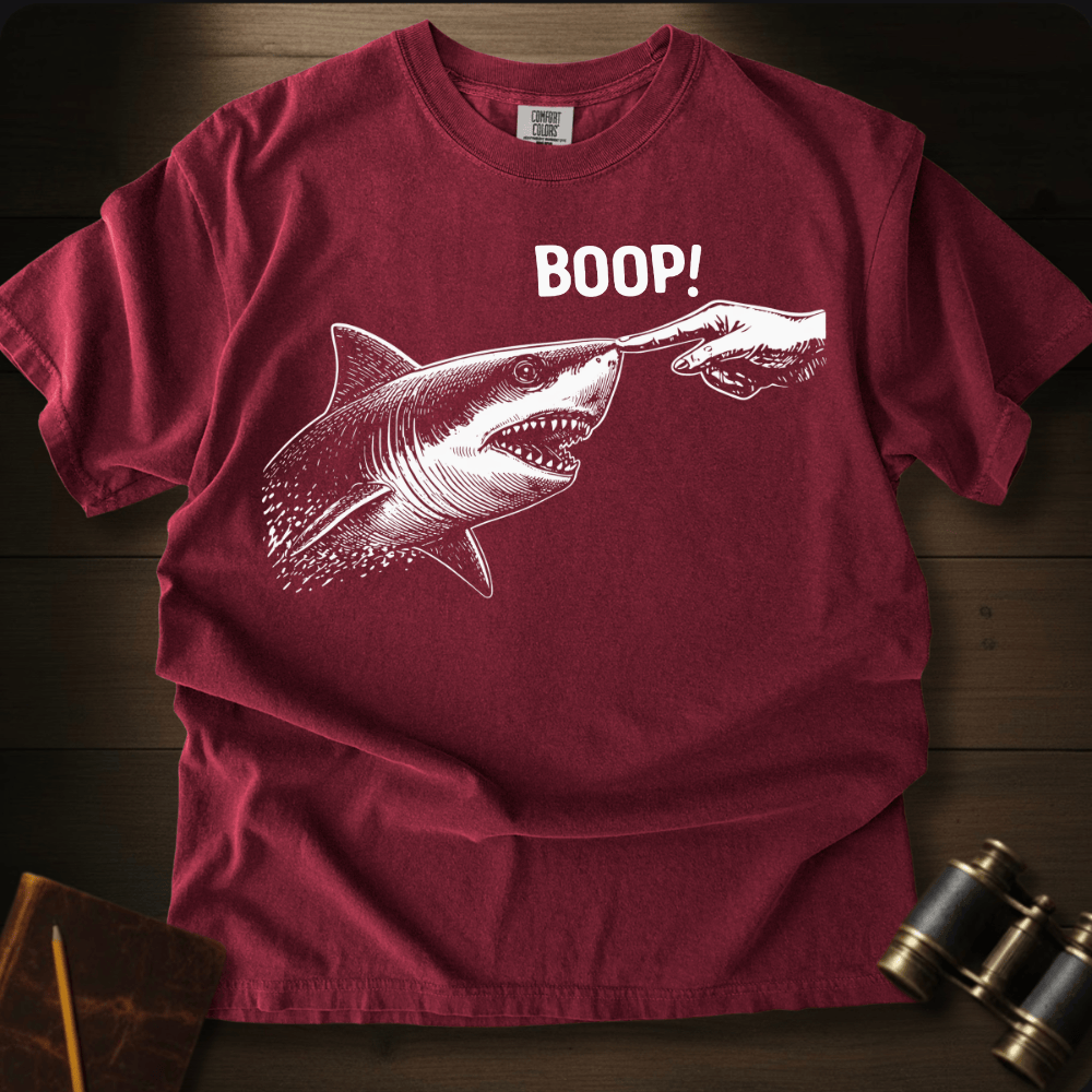 Full Sail Marine Boop! shark booping dolphin nose funny graphic Comfort Colors t-shirt in brick – ocean wildlife humor design – front view
