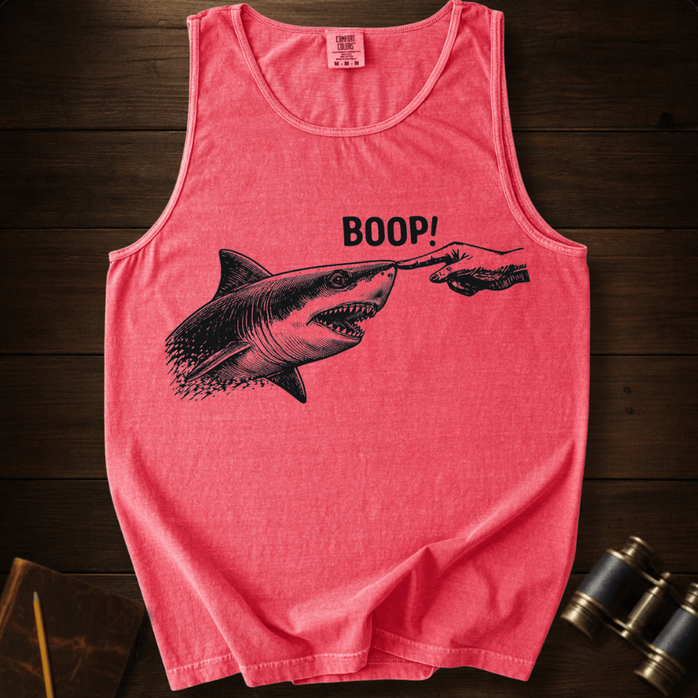 Full Sail Marine Boop shark nose touch graphic Comfort Colors tank top in Watermelon – great white shark booping finger ocean art funny design – front view