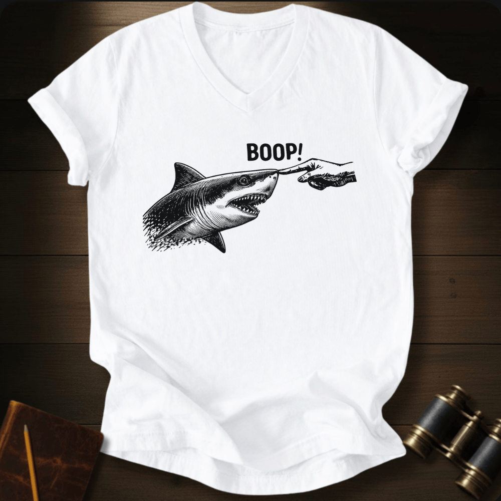 Full Sail Marine Boop shark nose touch graphic Comfort Colors v-neck t-shirt in white – great white shark booping finger ocean art funny design – front view