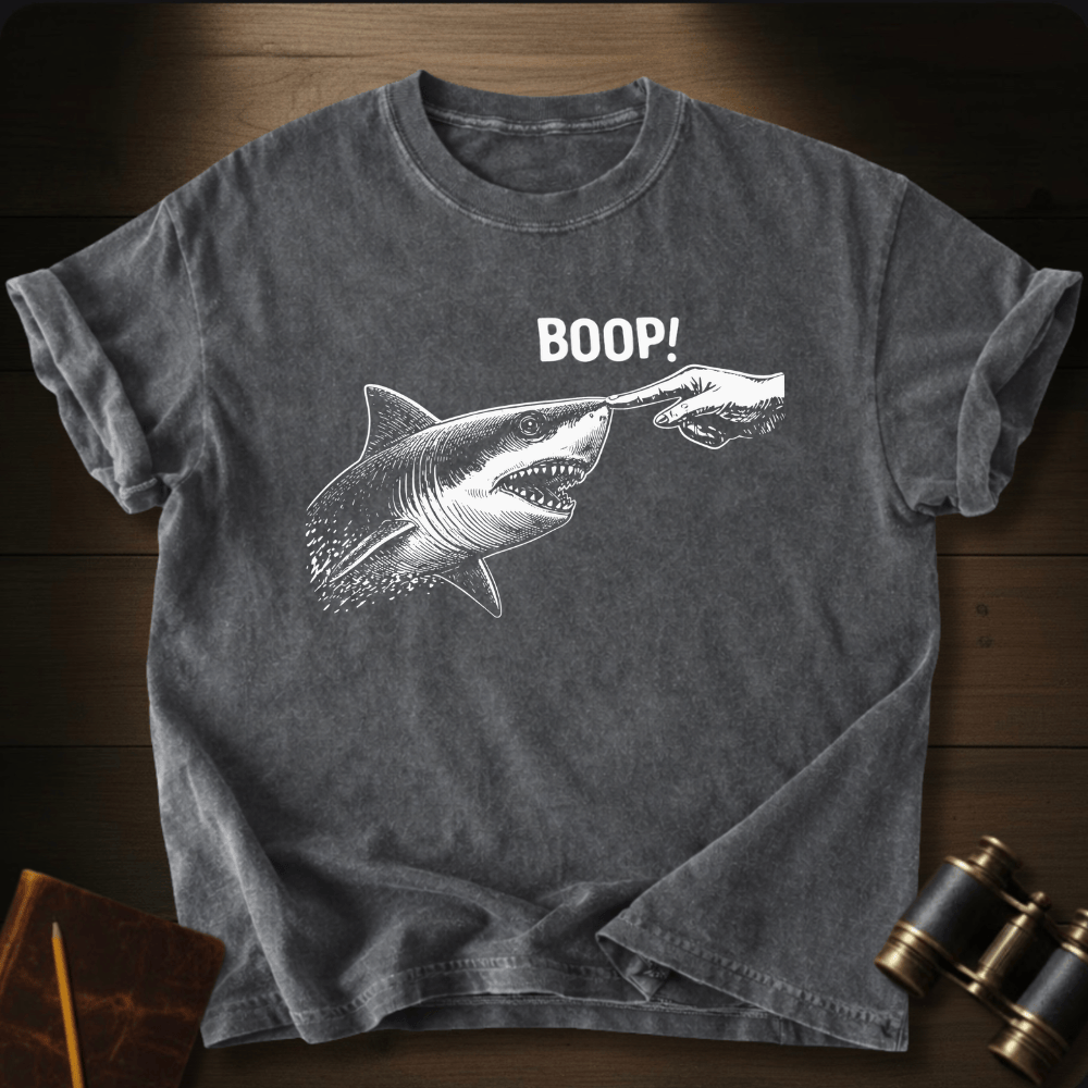 Full Sail Marine Boop shark nose touch graphic Comfort Colors women's boxy tee in gray – great white shark booping finger ocean art funny design – front view
