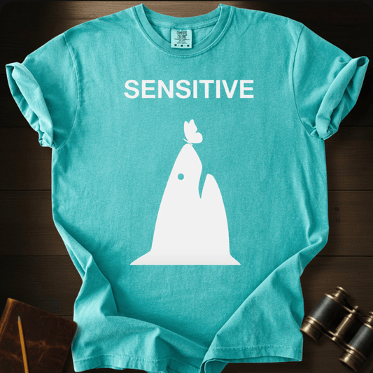 Full Sail Marine Sensitive dramatic shark graphic Comfort Colors t-shirt in seafoam – funny emotional ocean design – front view