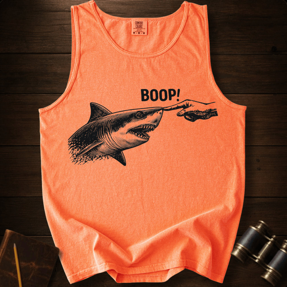 Full Sail Marine Boop shark nose touch graphic Comfort Colors tank top in Melon – great white shark booping finger ocean art funny design – front view