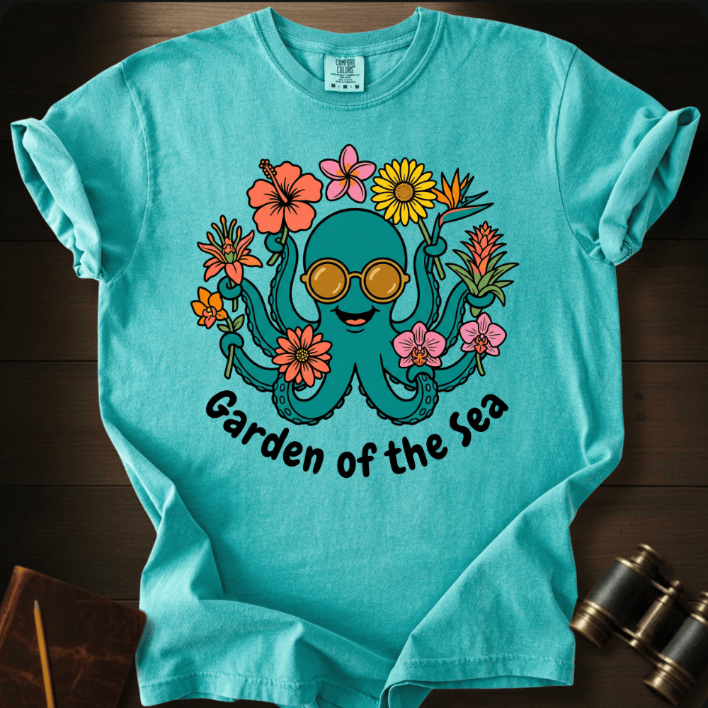 Full Sail Marine Garden of the Sea colorful octopus with sunglasses and flowers graphic Comfort Colors t-shirt in seafoam – tropical ocean art design – front view
