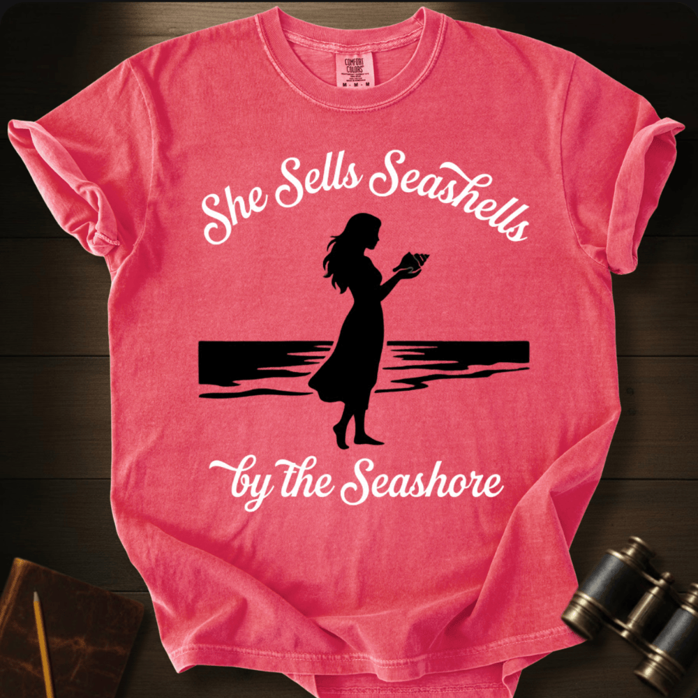 She Sells Seashells seashell graphic on a Comfort Colors unisex tee – Full Sail Marine ocean apparel