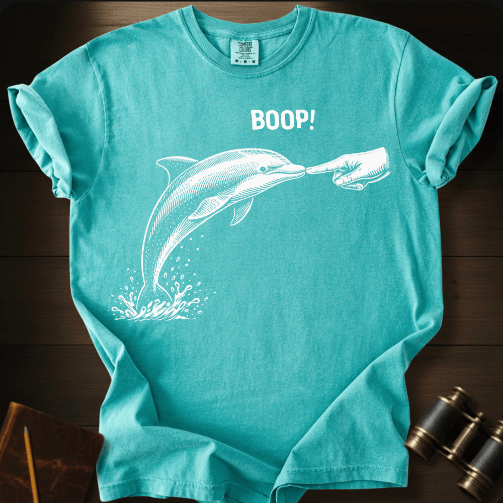 Full Sail Marine Boop! dolphin graphic Comfort Colors t-shirt in chalky mint – white dolphin being booped on nose with hand and BOOP text design – front view