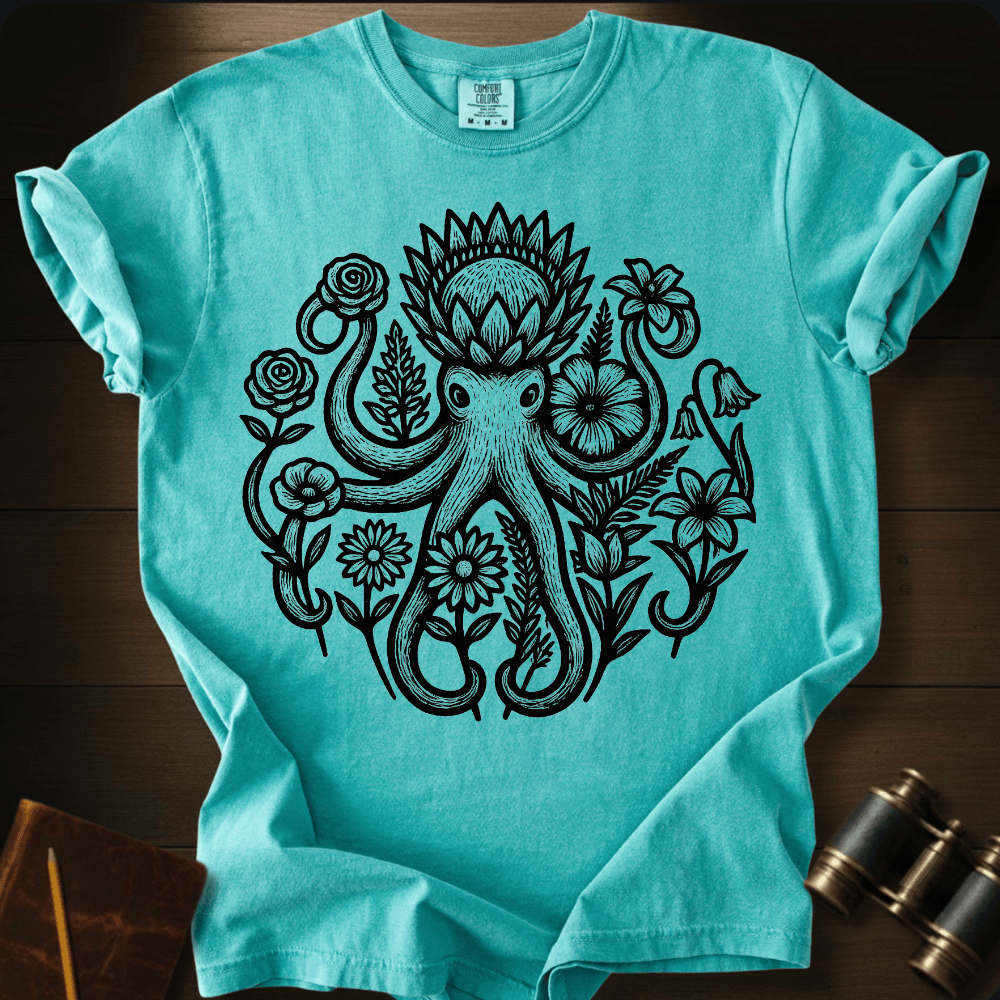 Full Sail Marine Savage Bloom floral octopus graphic Comfort Colors t-shirt in chalky mint – detailed botanical kraken ocean art design – front view