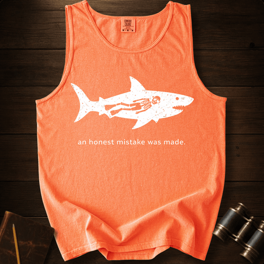 Full Sail Marine An Honest Mistake shark skeleton graphic Comfort Colors tank top in Melon – funny ocean art quote design – front view