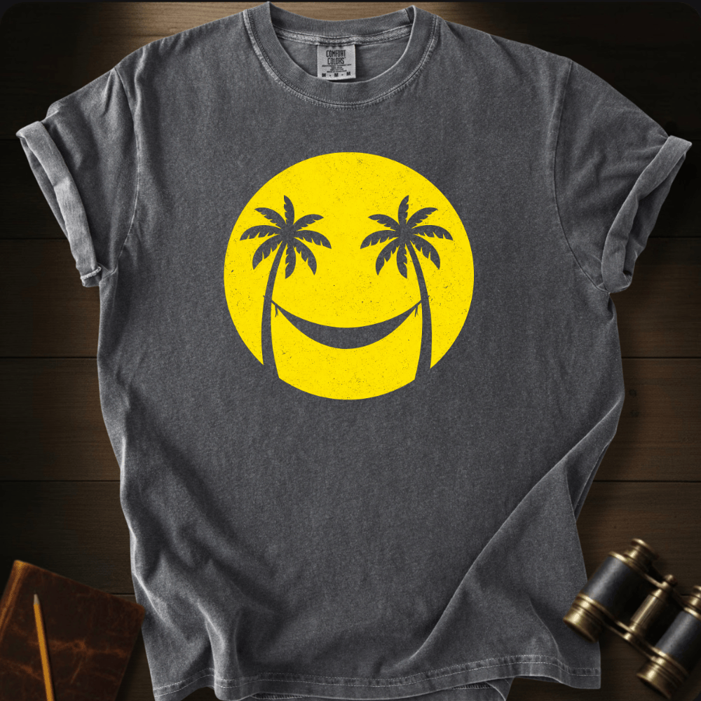 Full Sail Marine Smiley Sun palm tree smiley face graphic Comfort Colors t-shirt in pepper gray – happy sunshine tropical design – front view