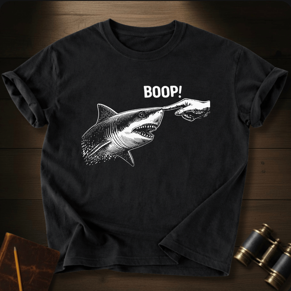 Full Sail Marine Boop shark nose touch graphic Comfort Colors women's boxy tee in black – great white shark booping finger ocean art funny design – front view
