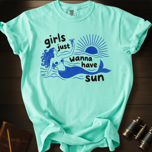 Girls Just Wanna Have Fun beach graphic on a Comfort Colors t-shirt – Full Sail Marine coastal apparel