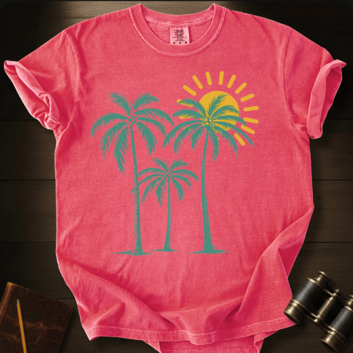 Full Sail Marine Palm Trees Sunrise tropical palm tree and sun graphic Comfort Colors t-shirt in watermelon – coastal beach art design – front view