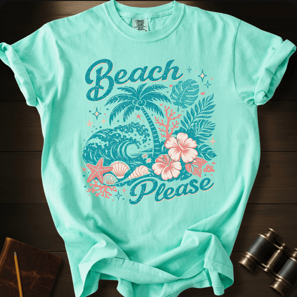 Full Sail Marine Beach Please tropical graphic Comfort Colors t-shirt in Chalky Mint – palm trees waves hibiscus flowers starfish seashells beach art design – front view