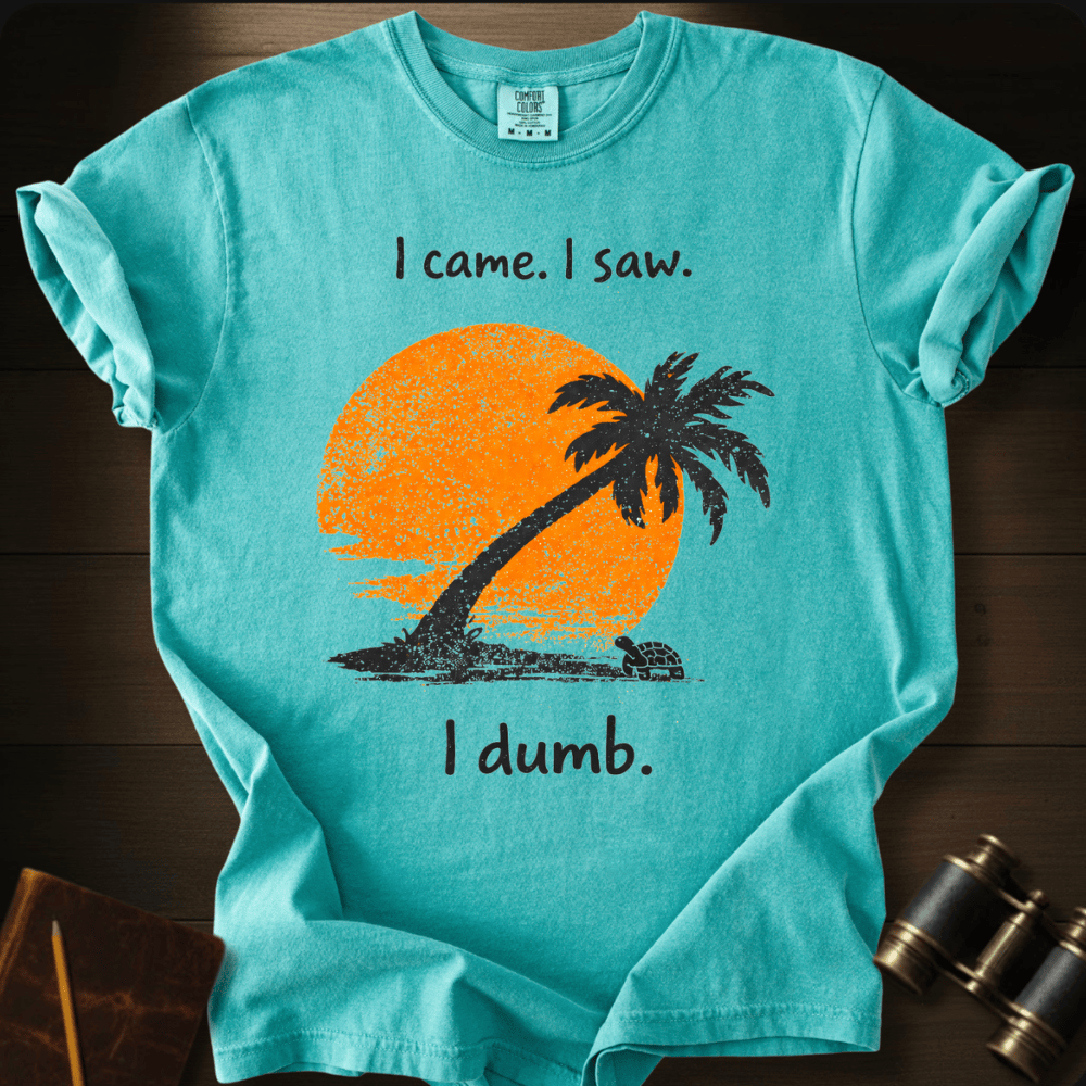 Full Sail Marine I Came I Saw I Dumb sunset palm tree graphic Comfort Colors t-shirt in Seafoam – orange sun with palm tree silhouette beach scene funny text design – front view