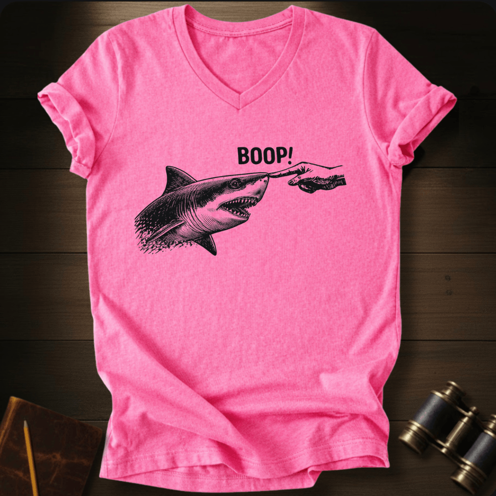 Full Sail Marine Boop shark nose touch graphic Comfort Colors v-neck t-shirt in pink – great white shark booping finger ocean art funny design – front view