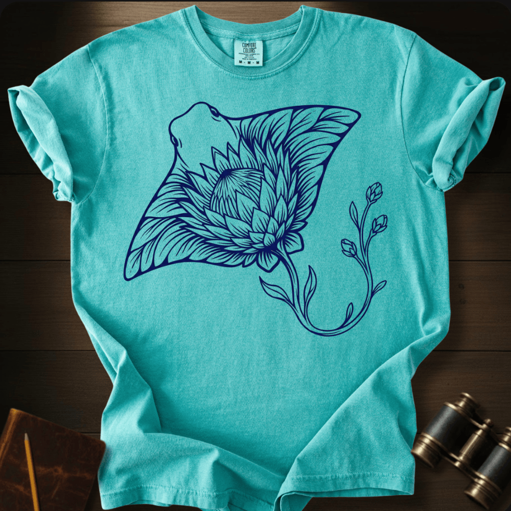 Full Sail Marine Floral Stingray graphic Comfort Colors t-shirt in seafoam – botanical flower stingray ocean art design – front view