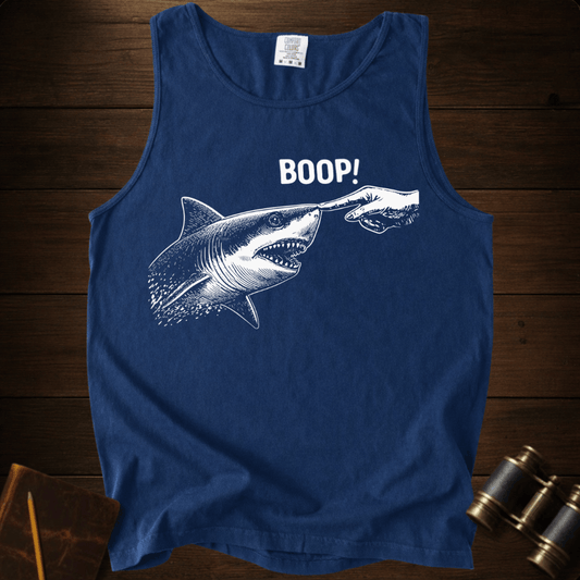 Full Sail Marine Boop shark nose touch graphic Comfort Colors tank top in True Navy – great white shark booping finger ocean art funny design – front view