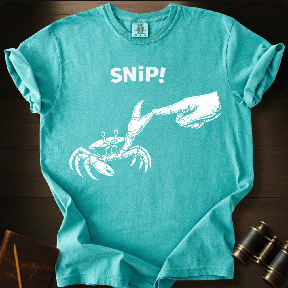 Full Sail Marine Snip! crab and hand graphic Comfort Colors t-shirt in chalky mint – white crab claw snipping hand with SNiP text design – front view