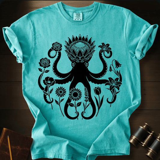 Full Sail Marine Wild Bloom Kraken floral octopus graphic Comfort Colors t-shirt in chalky mint – botanical kraken ocean art design – front view