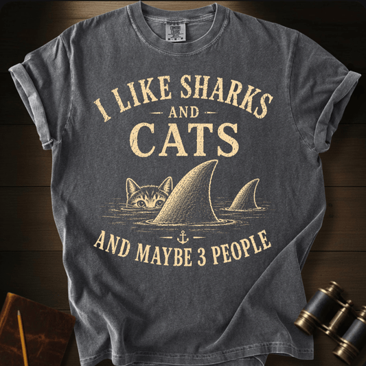 I Like Sharks and Cats humor graphic on a Comfort Colors t-shirt – Full Sail Marine ocean apparel