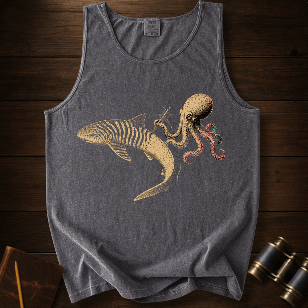 Shark Zebra Tattoo graphic on a Comfort Colors tank top – Full Sail Marine ocean apparel