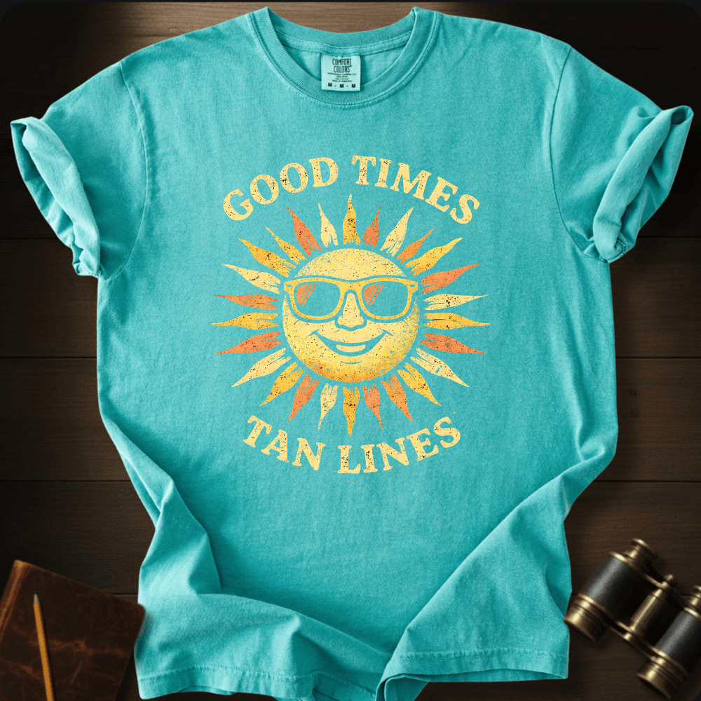 Full Sail Marine Good Times Tan Lines sun with sunglasses graphic Comfort Colors t-shirt in chalky mint – retro smiling sun wearing shades with Good Times Tan Lines text design – front view
