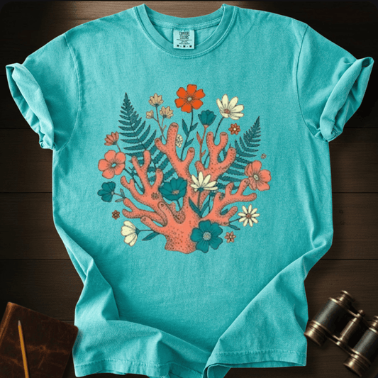 Full Sail Marine Ocean Garden coral reef and wildflower graphic Comfort Colors t-shirt in seafoam – botanical ocean art design – front view