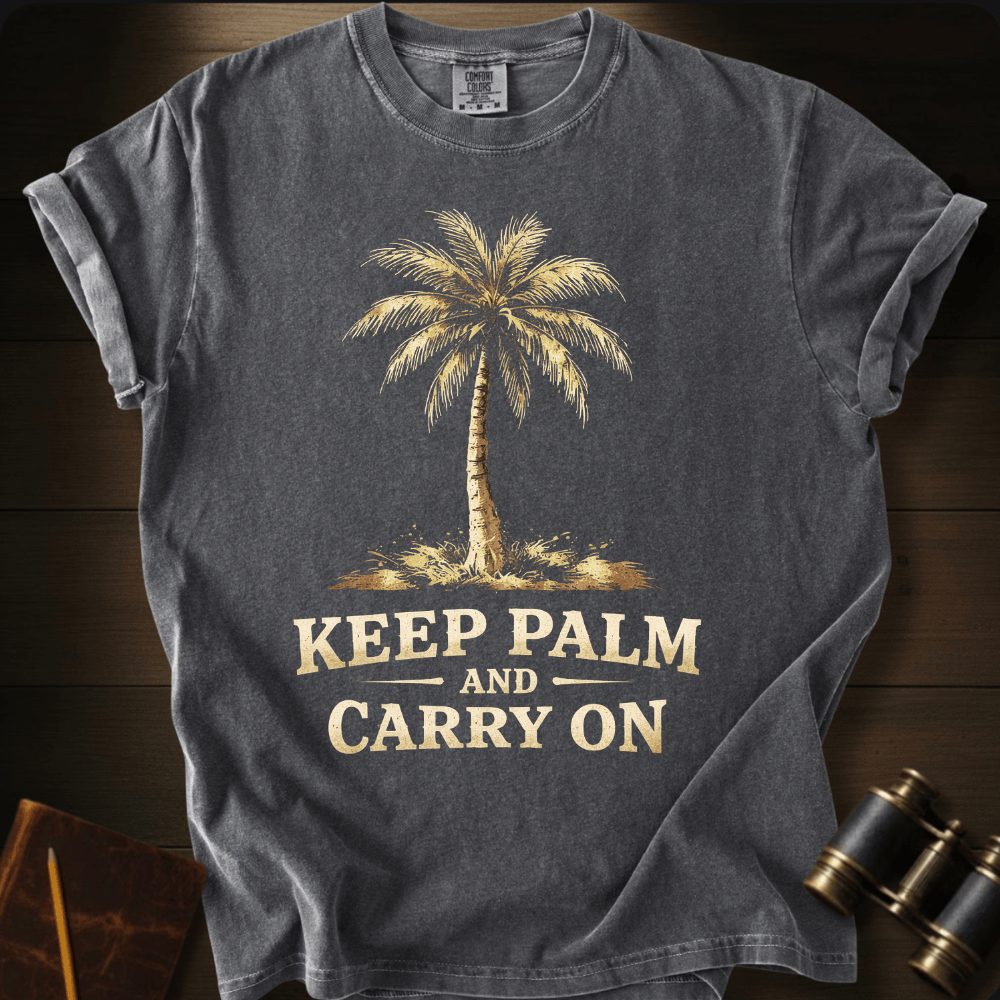 Full Sail Marine Keep Palm and Carry On vintage palm tree graphic Comfort Colors t-shirt in pepper gray – tropical beach parody design – front view