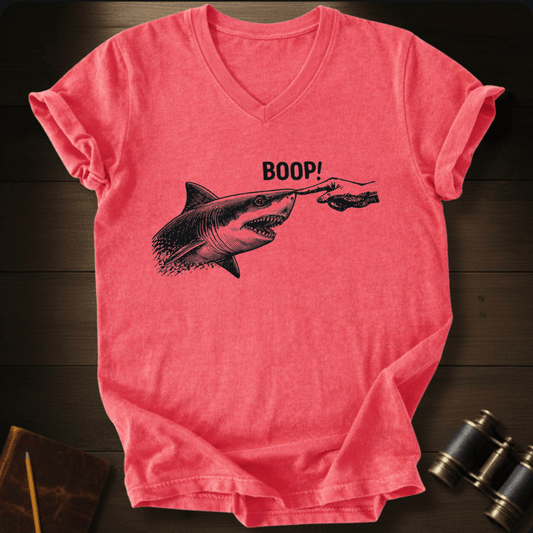 Full Sail Marine Boop shark nose touch graphic Comfort Colors v-neck t-shirt in coral – great white shark booping finger ocean art funny design – front view