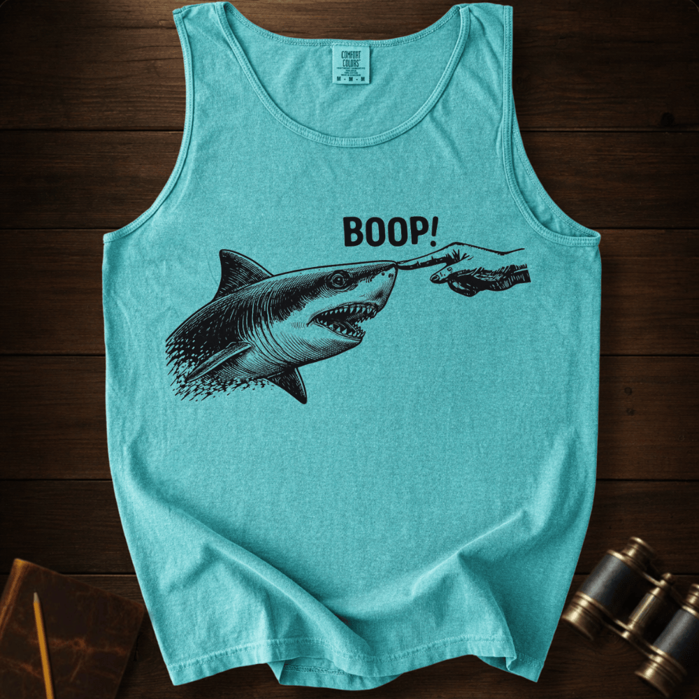 Full Sail Marine Boop shark nose touch graphic Comfort Colors tank top in Chalky Mint – great white shark booping finger ocean art funny design – front view