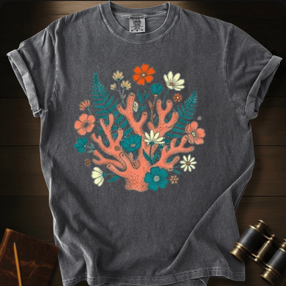 Full Sail Marine Ocean Garden coral reef and wildflower graphic Comfort Colors t-shirt in pepper – botanical ocean art design – front view
