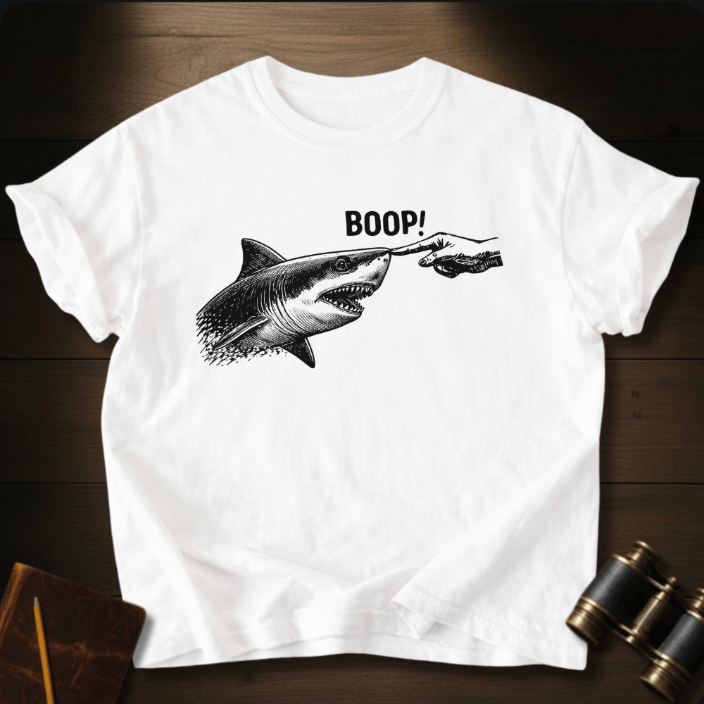 Full Sail Marine Boop shark nose touch graphic Comfort Colors women's boxy tee in white – great white shark booping finger ocean art funny design – front view