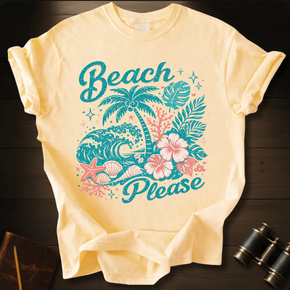 Full Sail Marine Beach Please tropical graphic Comfort Colors t-shirt in Banana Cream – palm trees waves hibiscus flowers starfish seashells beach art design – front view