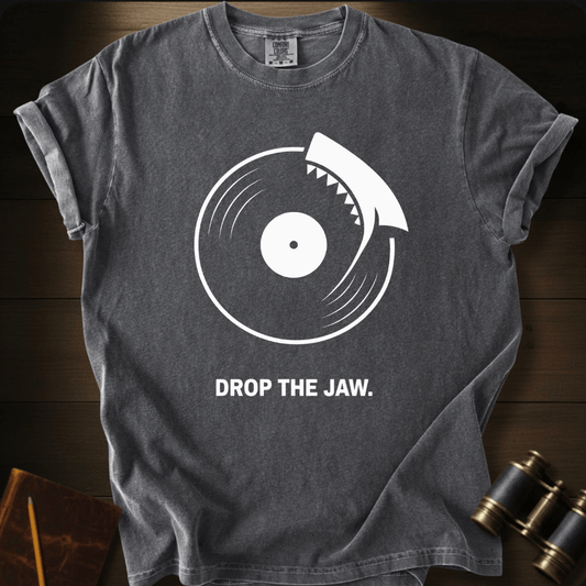 Full Sail Marine Drop the Jaw shark biting vinyl record graphic Comfort Colors t-shirt in pepper – music meets ocean humor design – front view