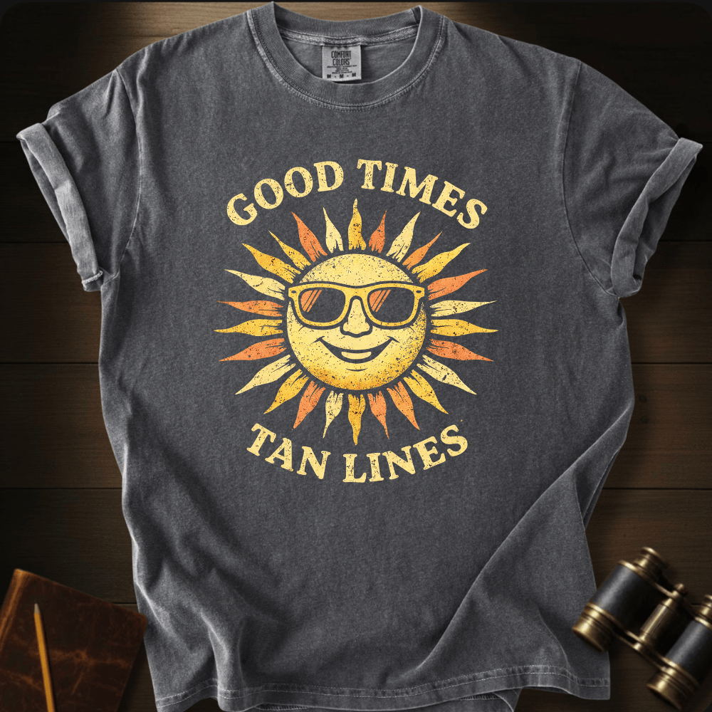 Full Sail Marine Good Times Tan Lines sun with sunglasses graphic Comfort Colors t-shirt in pepper – retro smiling sun wearing shades with Good Times Tan Lines text design – front view