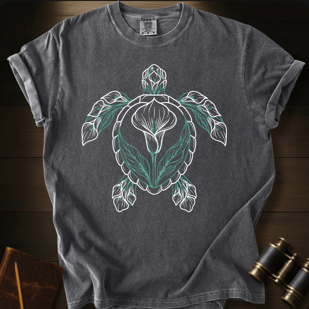 Full Sail Marine Verdant Tide sea turtle graphic Comfort Colors t-shirt in pepper – botanical leaf turtle ocean art design – front view