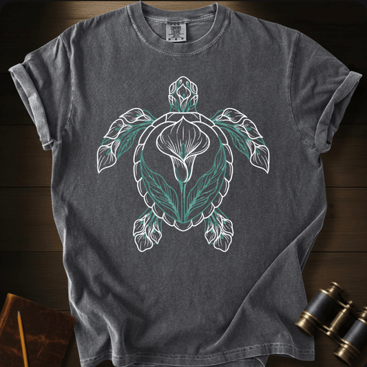 Full Sail Marine Verdant Tide sea turtle graphic Comfort Colors t-shirt in pepper – botanical leaf turtle ocean art design – front view