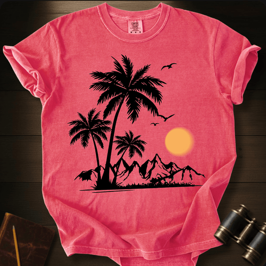 Full Sail Marine Sunfall Palms tropical palm trees and mountains silhouette graphic Comfort Colors t-shirt in watermelon – beach sunset scene with birds design – front view