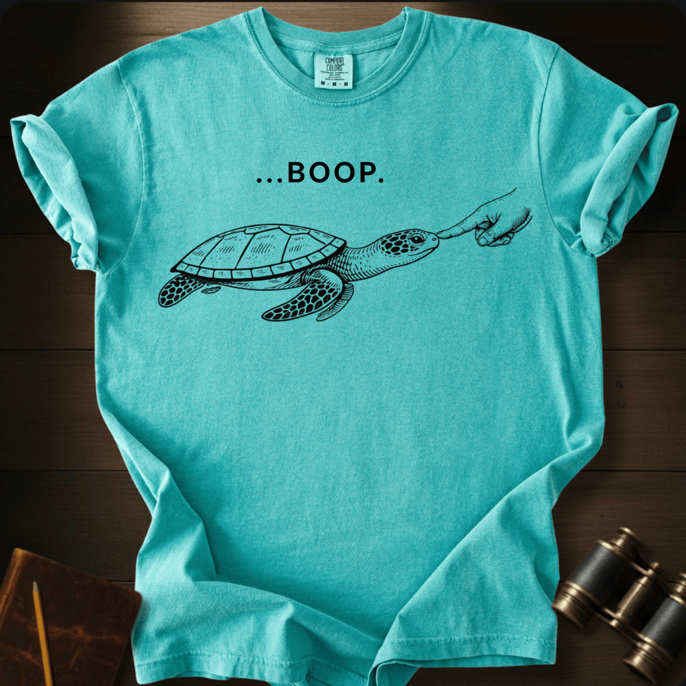 Full Sail Marine Turtle Boop sea turtle graphic Comfort Colors t-shirt in chalky mint – cute sea turtle reaching flipper with BOOP text design – front view