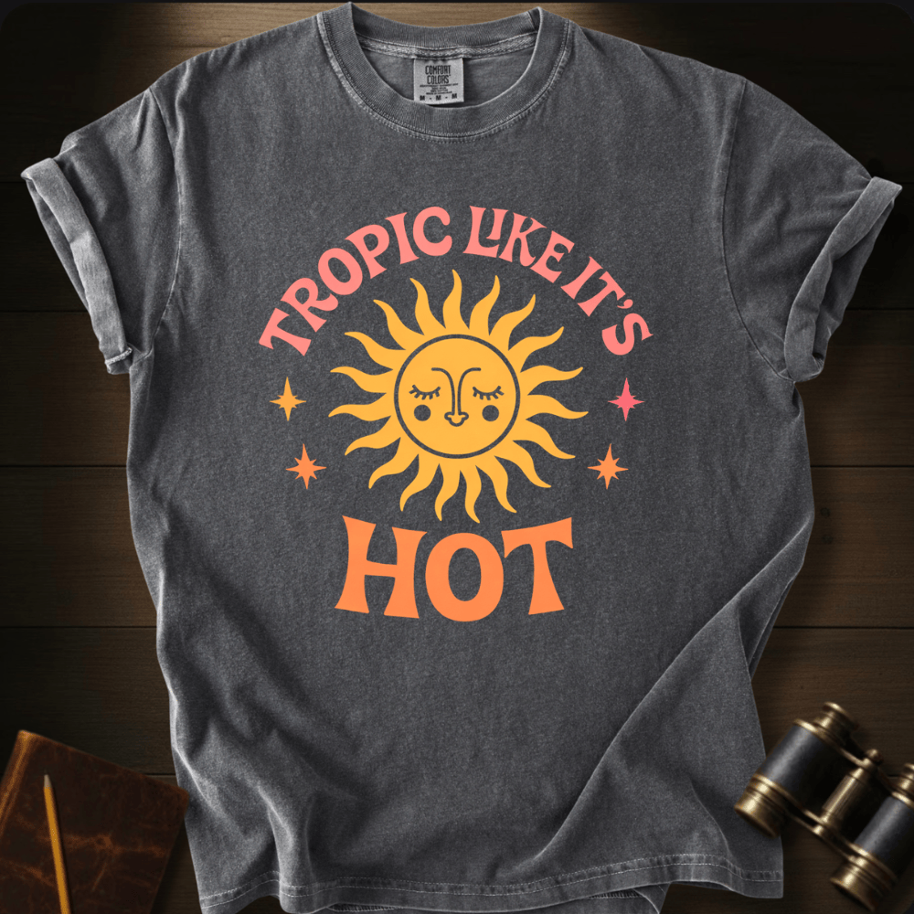 Full Sail Marine Tropic Like Its Hot sun face graphic Comfort Colors t-shirt in Pepper – retro sunshine with sparkle stars tropical summer text design – front view