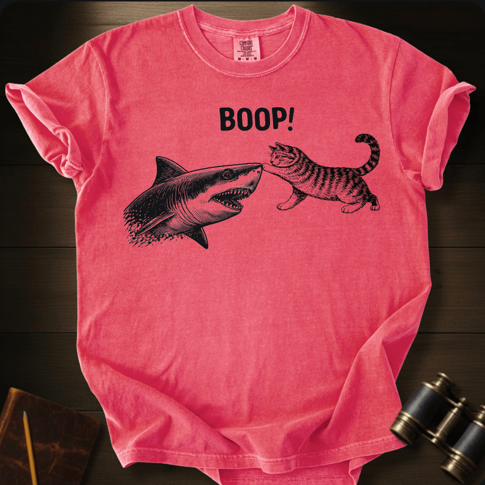 Full Sail Marine Cat Boop shark graphic Comfort Colors t-shirt in bright salmon – cat booping great white shark nose – front view