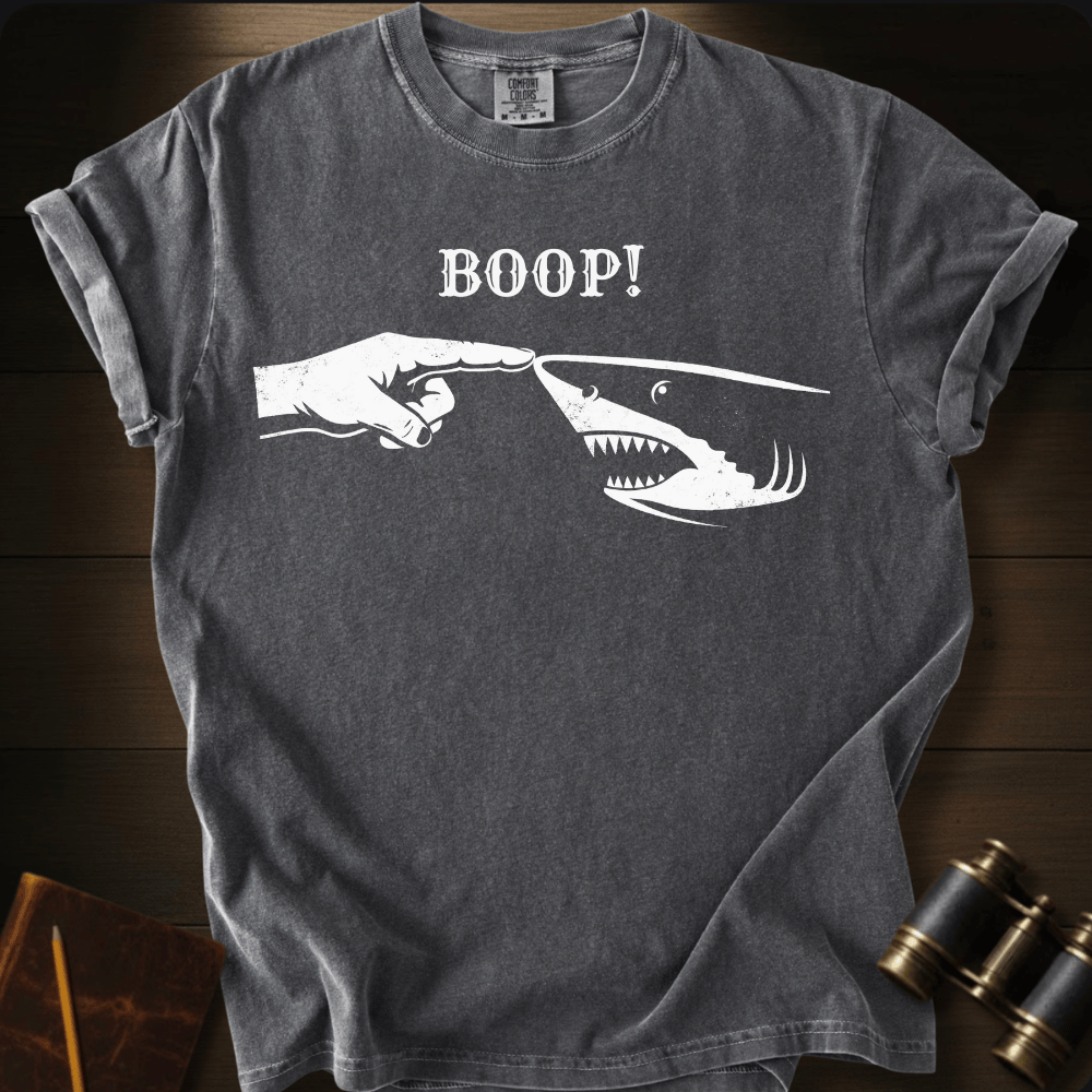 Full Sail Marine Boop shark nose touch graphic Comfort Colors t-shirt in Pepper – great white shark booping finger ocean art funny design – front view