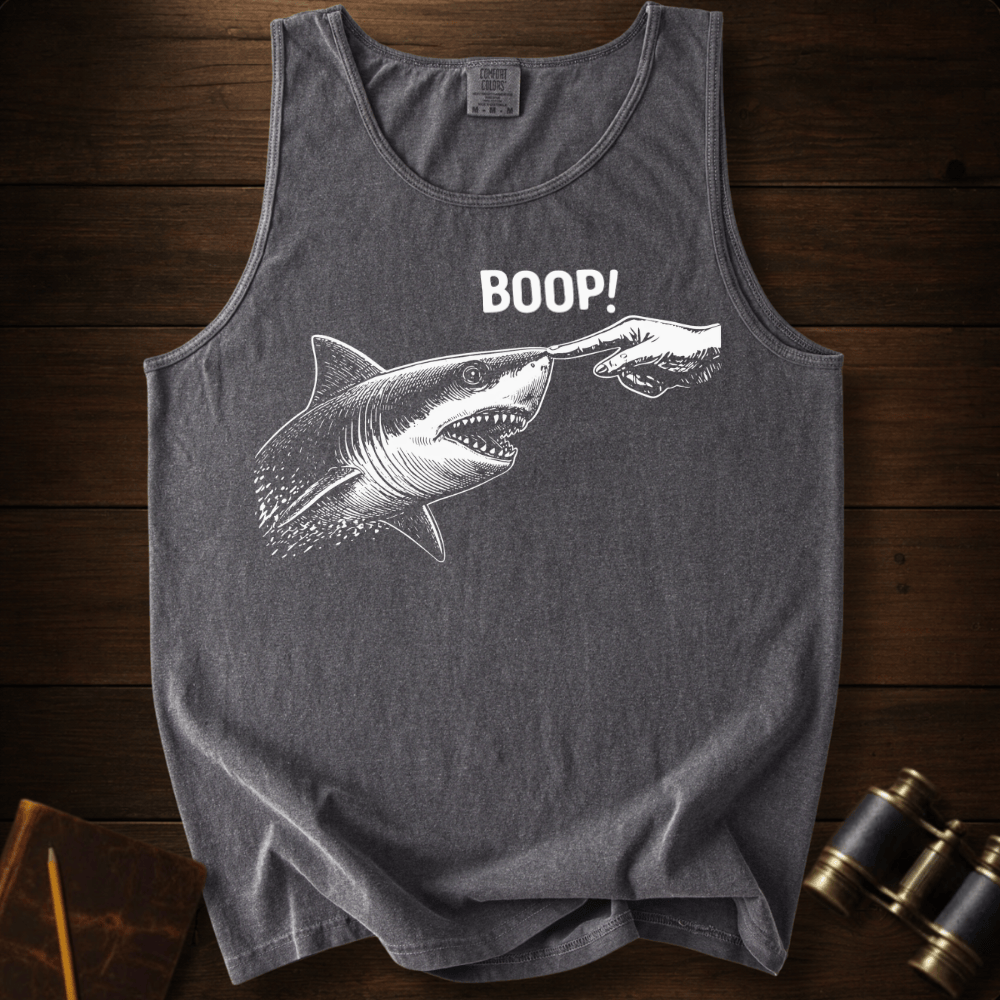 Full Sail Marine Boop shark nose touch graphic Comfort Colors tank top in Grey – great white shark booping finger ocean art funny design – front view