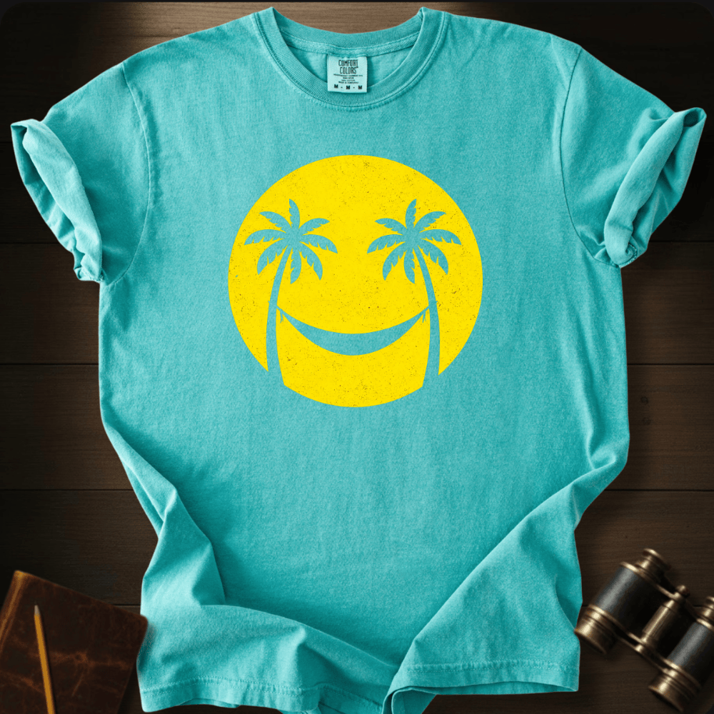 Full Sail Marine Smiley Sun palm tree smiley face graphic Comfort Colors t-shirt in chalky mint – happy sunshine tropical design – front view