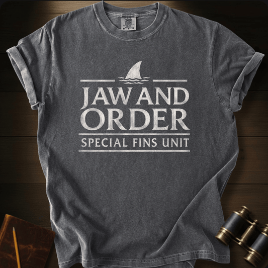 Jaw And Order shark parody graphic on a Comfort Colors t-shirt – Full Sail Marine ocean apparel