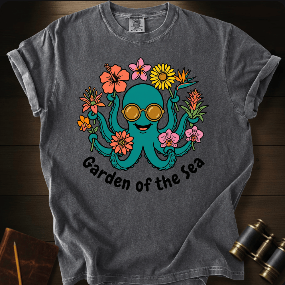 Full Sail Marine Garden of the Sea colorful octopus with sunglasses and flowers graphic Comfort Colors t-shirt in pepper – tropical ocean art design – front view
