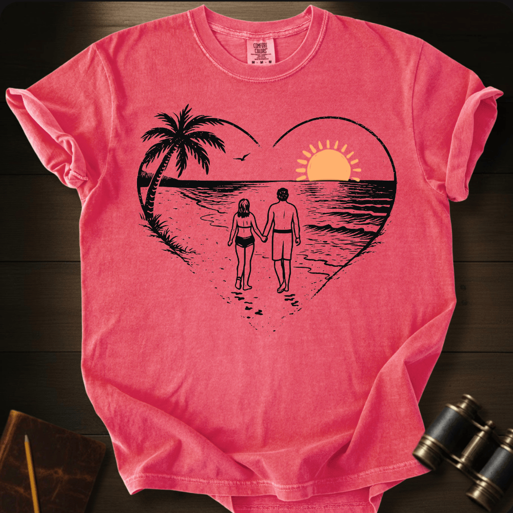 Full Sail Marine Sunset Walk beach couple heart graphic Comfort Colors t-shirt in watermelon coral – romantic sunset palm tree ocean scene – front view